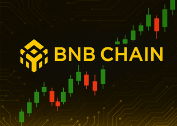 Logo de la BNB Chain junto a un grafico de velas.
