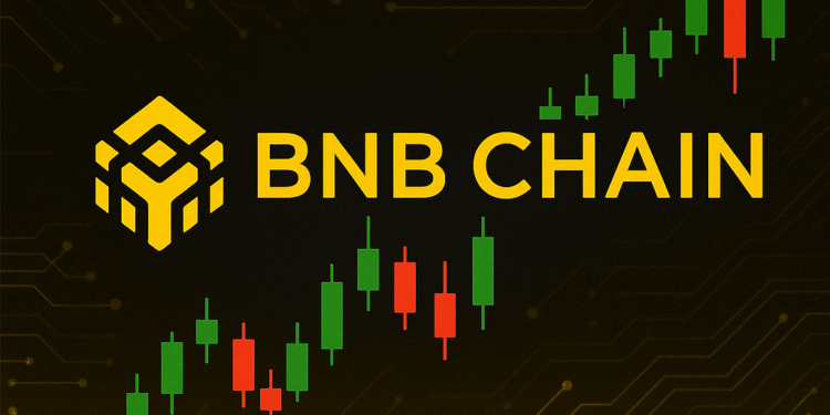 Logo de la BNB Chain junto a un grafico de velas.