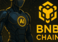 Un robot de IA junto al logo de la BNB Chain.