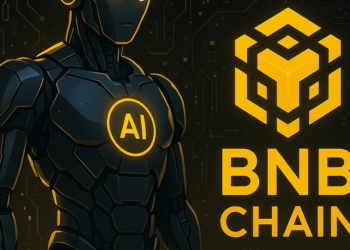 Un robot de IA junto al logo de la BNB Chain.