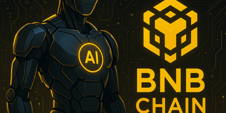 Un robot de IA junto al logo de la BNB Chain.