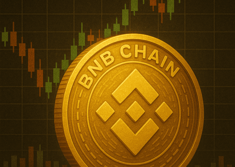Un token de BNB junto a un grafico de precios.