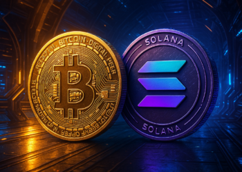 Una moneda de BTC junto a una de SOL.