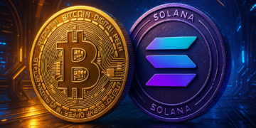 Una moneda de BTC junto a una de SOL.