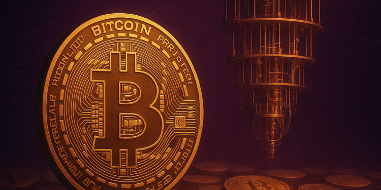 Monedas de BTC junto a un ordenador cuantico.