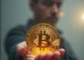 Una imagen generada por IA de una persona sosteniendo en sus manos una moneda física de bitcoin.