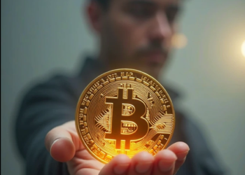Una imagen generada por IA de una persona sosteniendo en sus manos una moneda física de bitcoin.