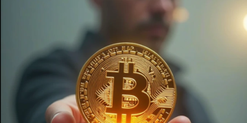 Una imagen generada por IA de una persona sosteniendo en sus manos una moneda física de bitcoin.