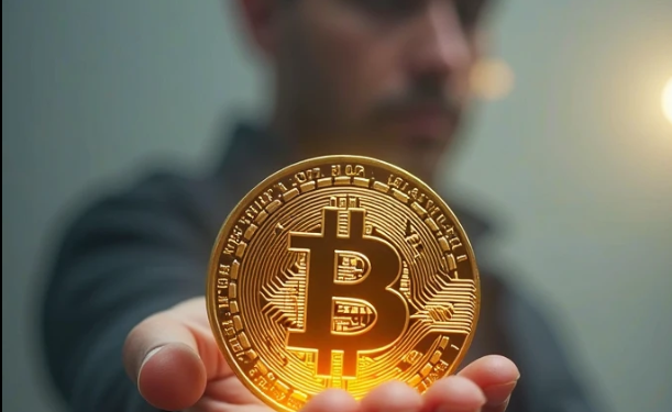 Una imagen generada por IA de una persona sosteniendo en sus manos una moneda física de bitcoin.