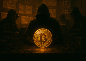Hackers junto a una moneda de BTC.