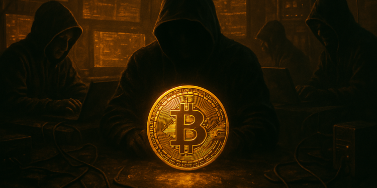 Hackers junto a una moneda de BTC.