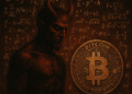 Un diablo junto a una moneda de BTC.
