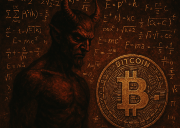 Un diablo junto a una moneda de BTC.
