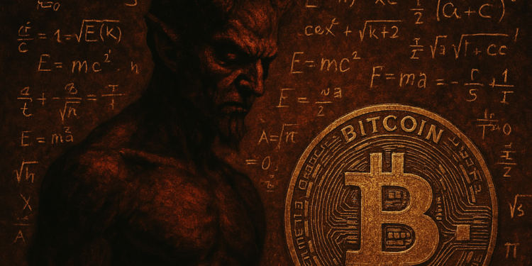 Un diablo junto a una moneda de BTC.