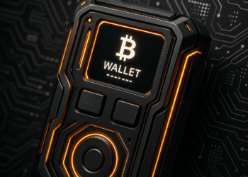 Un dispositivo electrónico de color negro y naranja con el logo de Bitcoin, junto a un fondo oscuro tecnológico.