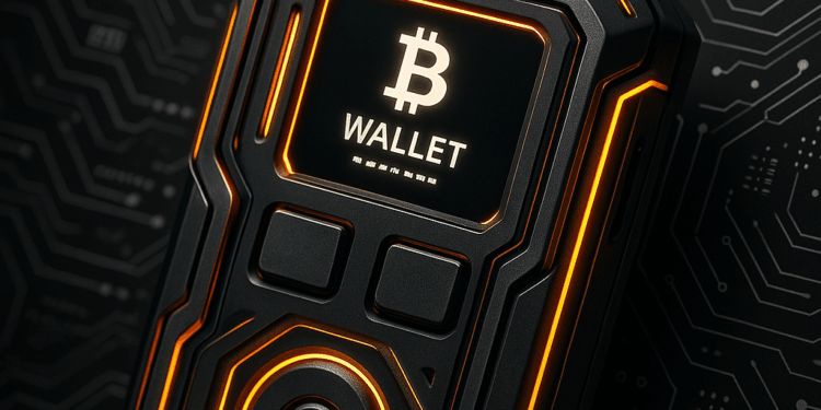 Un dispositivo electrónico de color negro y naranja con el logo de Bitcoin, junto a un fondo oscuro tecnológico.