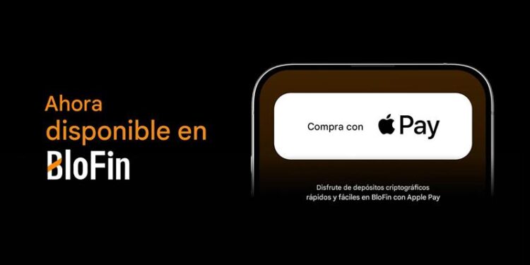 Teléfono con Apple Pay, fondo negro y logo de BloFin.