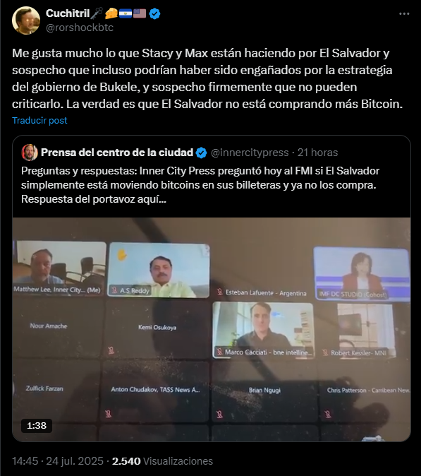 Un mensaje en X sobre la reserva de bitcoin de El Salvador.