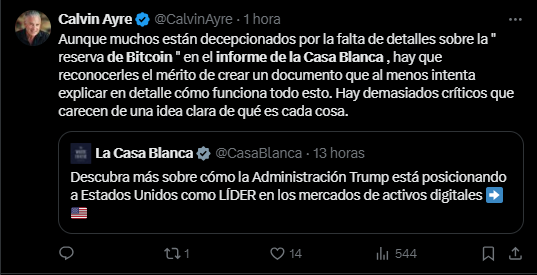 Un mensaje en X del empresario Calvin Ayre sobre el informe de bitcoin y activos digitales de la Casa Blanca.