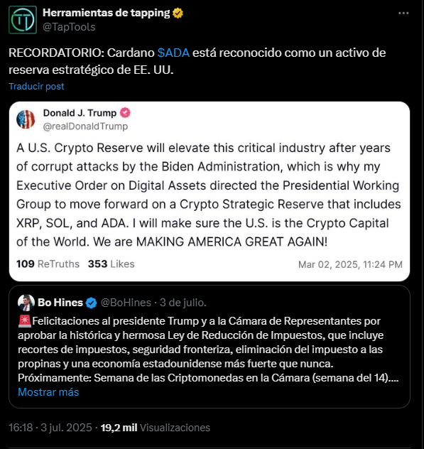 Mensaje en X que muestra una publicación de Trump que menciona a ADA entre los activos digitales a incluir en una reserva estratégica de Estados Unidos.