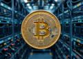 Una moneda de BTC en un centro de computo.