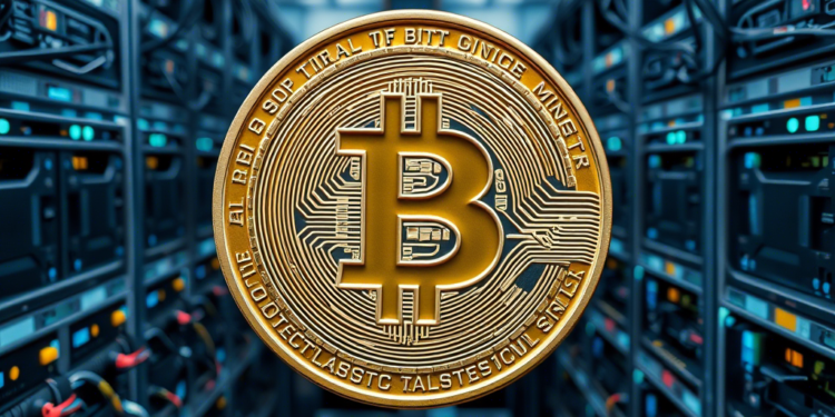 Una moneda de BTC en un centro de computo.