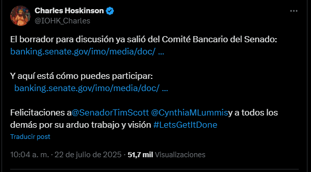 Un mensaje en X de Charles Hoskinson sobre el borrador de un nuevo proyecto de ley para regular a las critomonedas en EE. UU.
