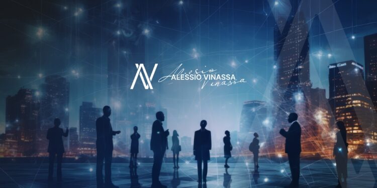 Siluetas de personas con edificios de fondo y logo de Alessio Vinassa en medio.