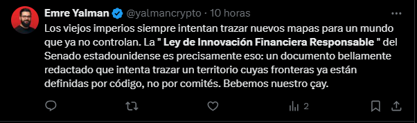 Un mensaje en X de un miembro de la comunidad de las criptomonedas sobre la regulación en Estados Unidos.