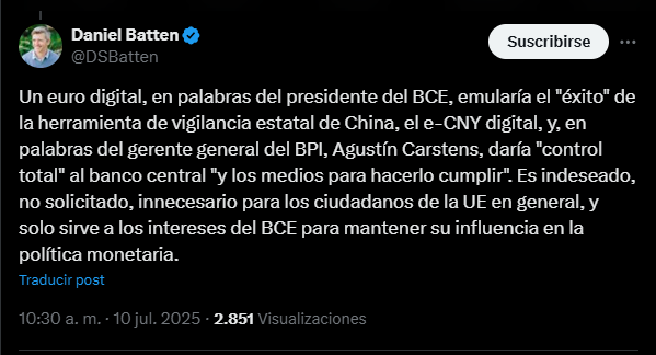 Un mensaje en X de un miembro de la comunidad de Bitcoin sobre el euro digital.