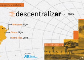Mapa de Argentina con fechas y ciudades para el evento "descentralizar v. 2025" organizado por Bitcoin Argentina.