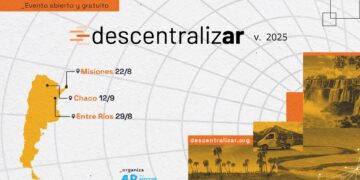 Mapa de Argentina con fechas y ciudades para el evento "descentralizar v. 2025" organizado por Bitcoin Argentina.