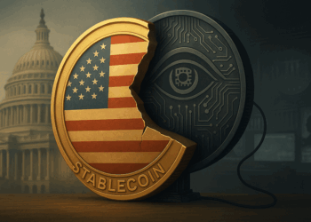 Stablecoin del dólar estadounidense rota, mostrando por detrás una stablecoin como símbolo de vigilancia, con el capitolio en el fondo.