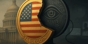 Stablecoin del dólar estadounidense rota, mostrando por detrás una stablecoin como símbolo de vigilancia, con el capitolio en el fondo.