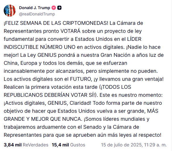 Mensaje de Donald Trump sobre la inminente aprobación de leyes de criptomonedas.