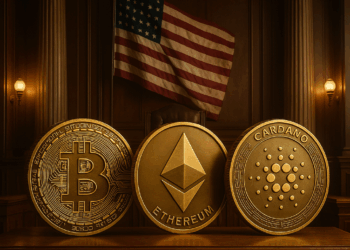 Un recinto del congreso junto a monedas de BTC, ETH y ADA.