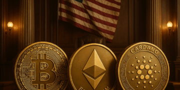 Un recinto del congreso junto a monedas de BTC, ETH y ADA.