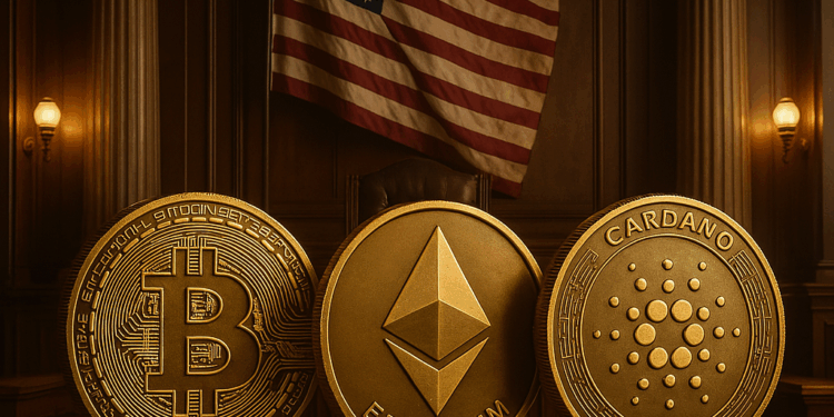 Un recinto del congreso junto a monedas de BTC, ETH y ADA.