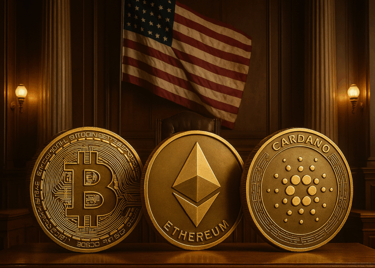 Un recinto del congreso junto a monedas de BTC, ETH y ADA.