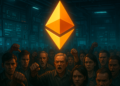 Una moneda de ETH y una comunidad reprobando su desarrollo. Prompt: genera una imagen del logo de Ethereum en colores naranjas en el centro. Añade de fondo un laboratorio tecnológico con una comunidad abucheando y reprobando.