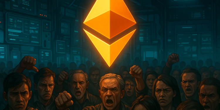 Una moneda de ETH y una comunidad reprobando su desarrollo. Prompt: genera una imagen del logo de Ethereum en colores naranjas en el centro. Añade de fondo un laboratorio tecnológico con una comunidad abucheando y reprobando.