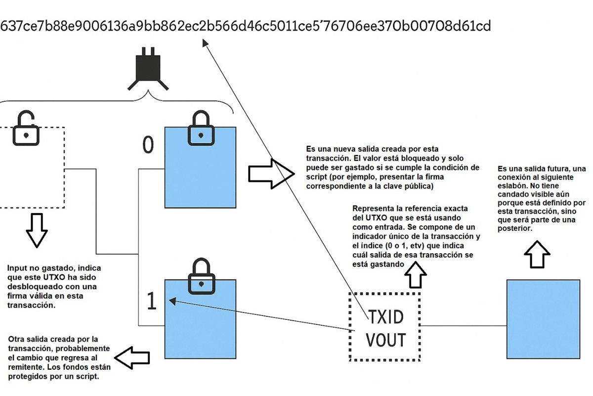 Diagrama de una transacción Bitcoin completa.