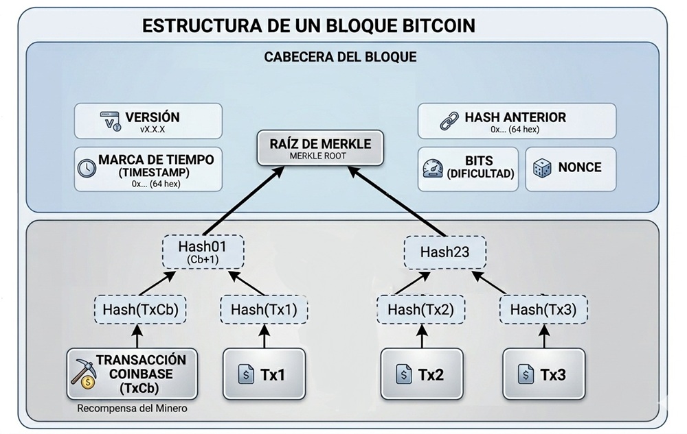 Diagrama de la estructura de un bloque en una cadena de bloques. Fuente: CriptoNoticias