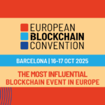 La imagen muestra un cartel promocional de la "European Blockchain Convention" que se llevará a cabo en Barcelona del 16 al 17 de octubre de 2025. El diseño del cartel utiliza una paleta de colores vibrantes que incluye rojo anaranjado, azul turquesa y un tono crema.