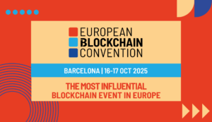 La imagen muestra un cartel promocional de la "European Blockchain Convention" que se llevará a cabo en Barcelona del 16 al 17 de octubre de 2025. El diseño del cartel utiliza una paleta de colores vibrantes que incluye rojo anaranjado, azul turquesa y un tono crema.