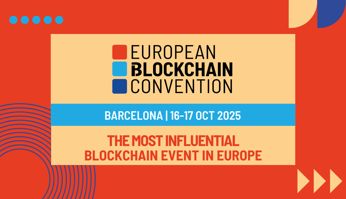 La imagen muestra un cartel promocional de la "European Blockchain Convention" que se llevará a cabo en Barcelona del 16 al 17 de octubre de 2025. El diseño del cartel utiliza una paleta de colores vibrantes que incluye rojo anaranjado, azul turquesa y un tono crema.