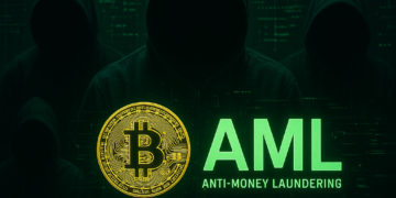 Una moneda de BTC junto a tres personas encapuchadas.