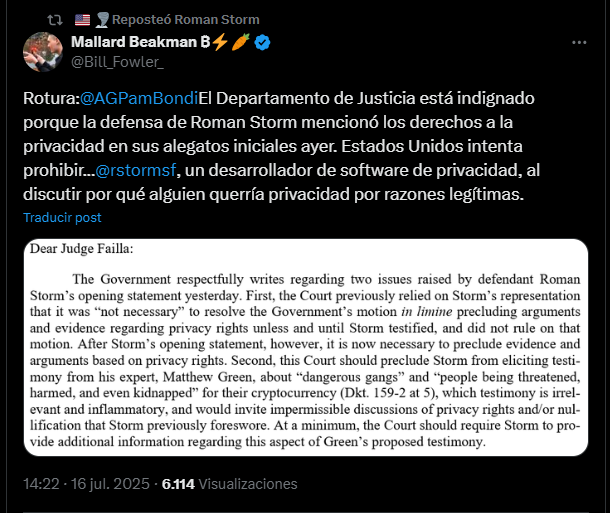 La comunidad de Bitcoin manifestándose sobre el juicio a Roman Storm, cofundador de Tornado Cash.