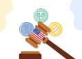 Mazo de un juez con las stablecoins Tether, USDC y DAI flotando.