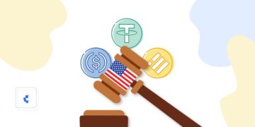 Mazo de un juez con las stablecoins Tether, USDC y DAI flotando.